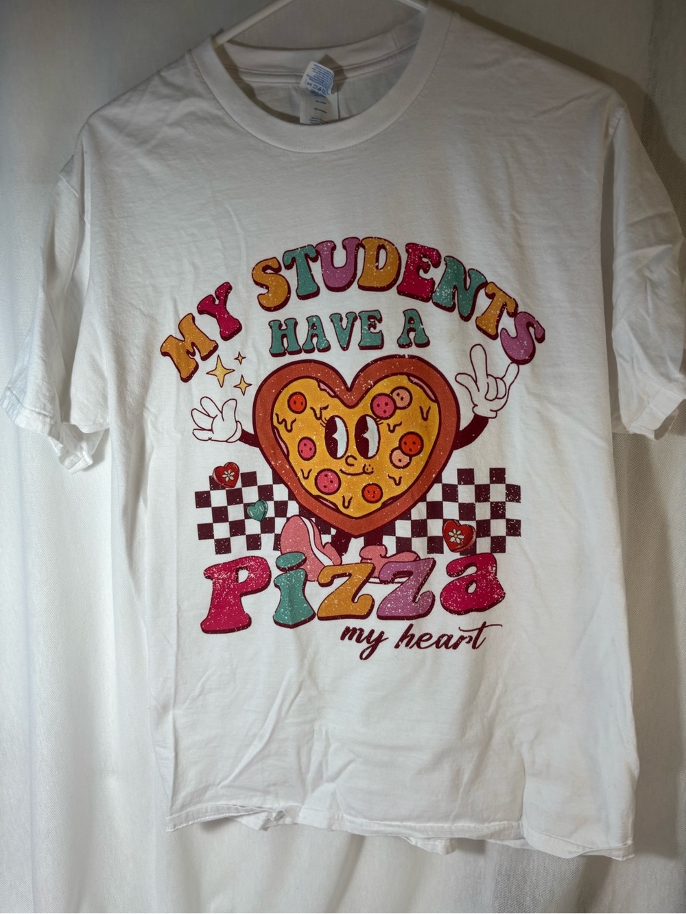 White Graphic Tee - 'My Students Have a Pizza My Heart' medium